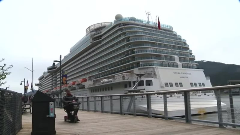 Cruise ship docked in an Alaskan port.