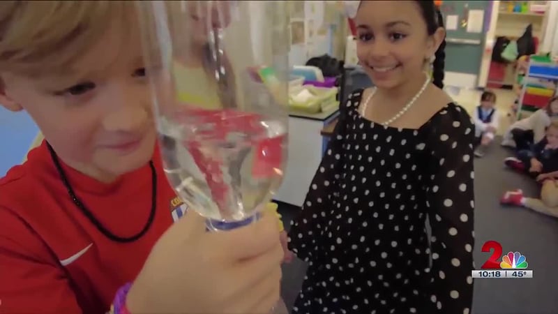Bear Valley students make a tornado in their classroom.