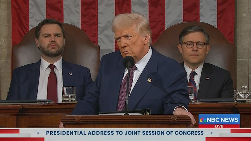 President Donald Trump addressing newly instated tariffs during his address to congress on...