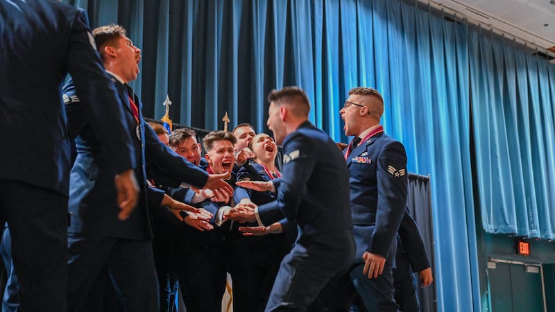 Airman Leadership School graduates from Class 25A, Hercules Flight celebrate winning the...