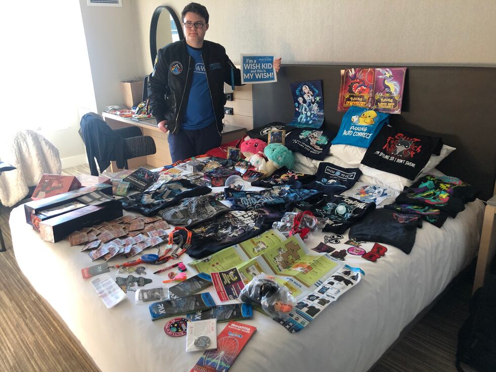 Reese showing off the merch he scored from his PAX West adventure.