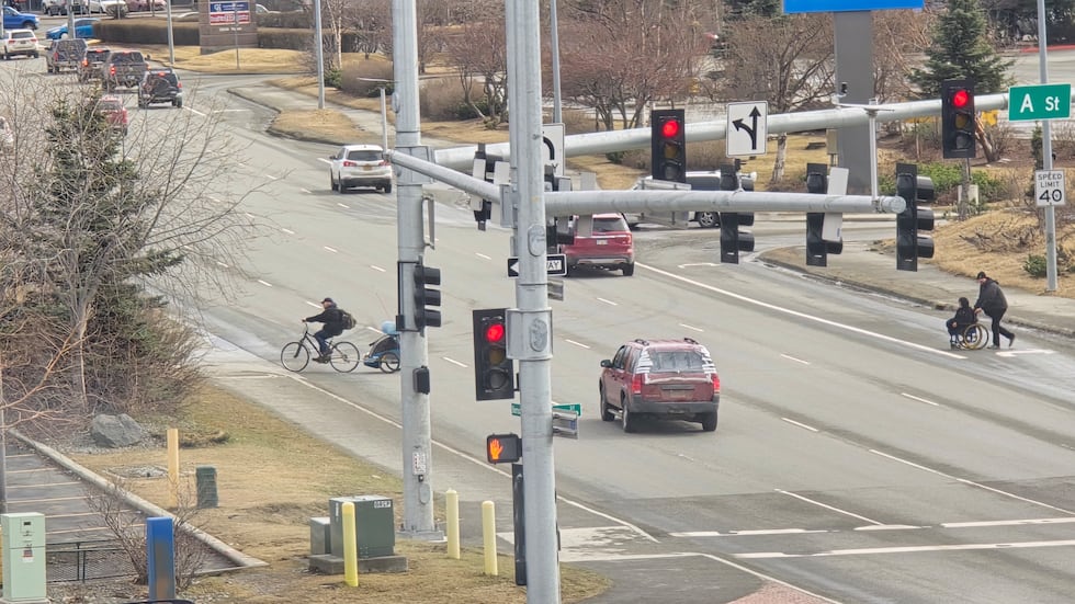 Jaywalking as seen from office window in midtown Anchorage