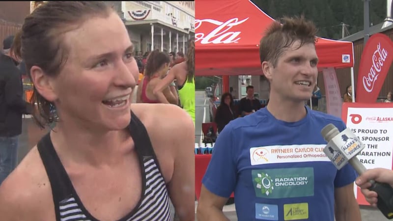 Hannah Lafleur (left) and David Norris (right) after winning their respective Mount Marathon...