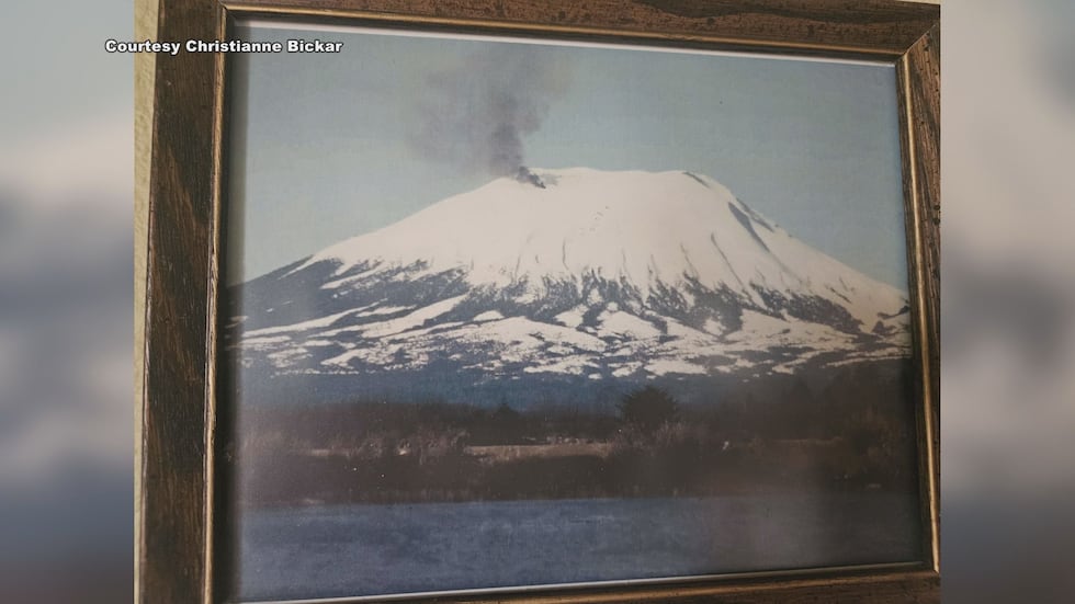 A framed photo shows the fake eruption of Mt. Edgecombe in Sitka in 1974