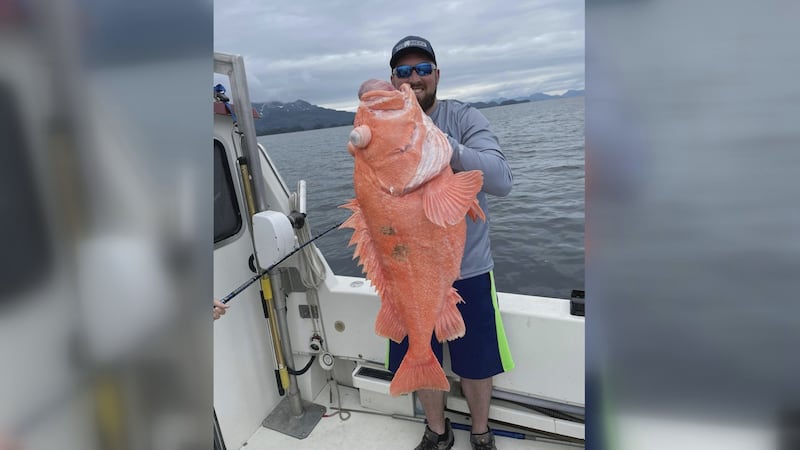 Keith Degraff poses with his state record rockfish officially weighing in at 42.4 pounds...