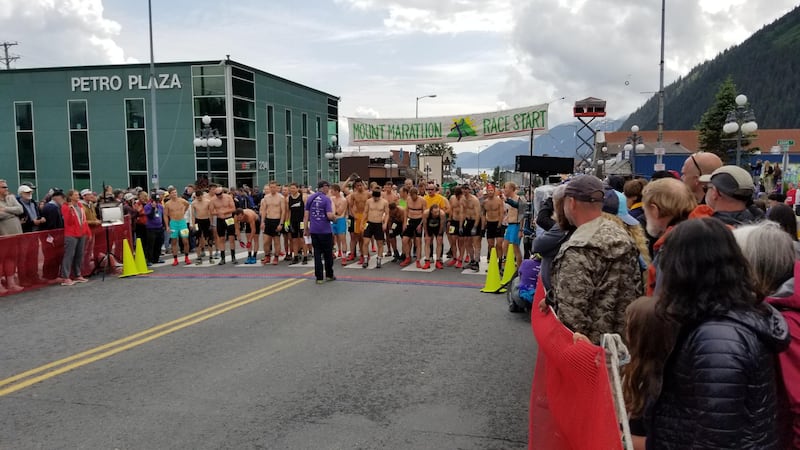 Runners prepare for the start of the men's Mount Marathon Race on Wednesday, July 7, 2021 in...