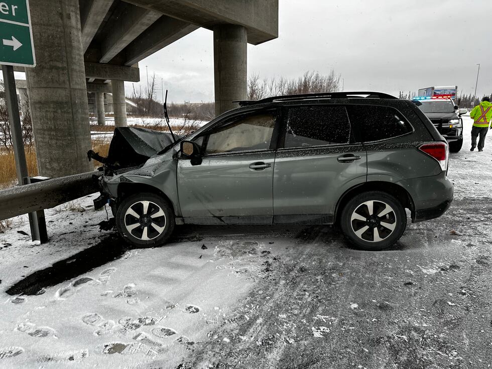 An SUV sits damaged Oct. 28, 2024, after getting hit by a truck near Wasilla on the Glenn...