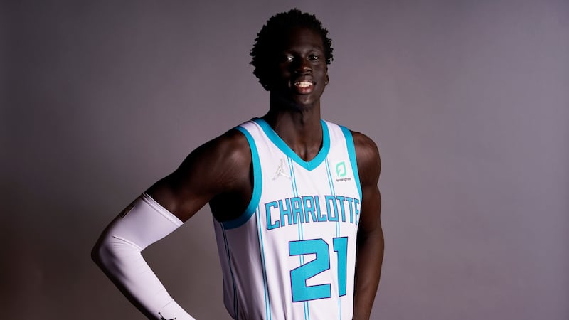 Charlotte Hornets' JT Thor poses for a picture during media day Monday, Sept. 27, 2021, in...