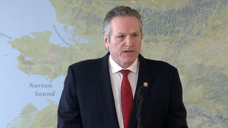 Gov. Mike Dunleavy discusses a proposed education bill during a press conference Tuesday, Feb....
