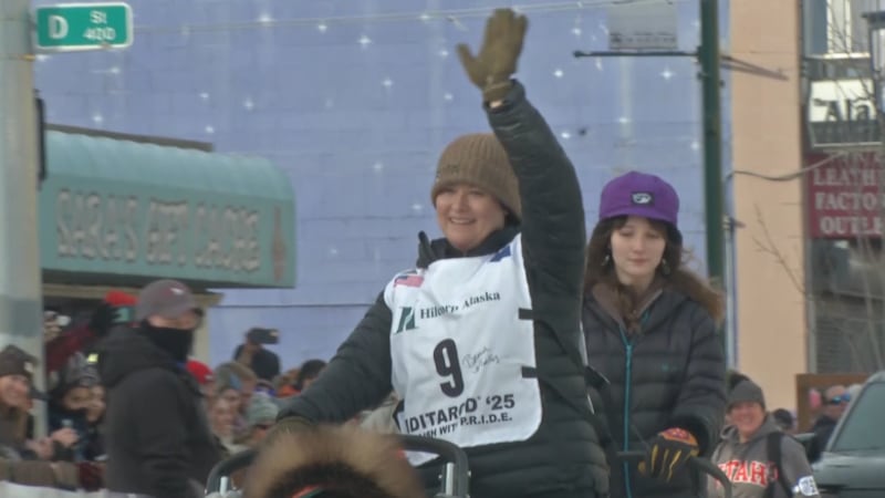 Musher Brenda Mackey at the 2025 Iditarod Ceremonial Start in downtown Anchorage.