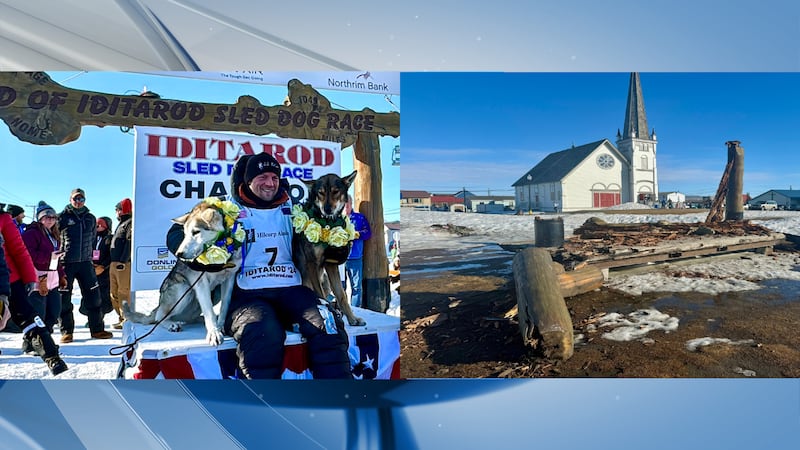 The Iditarod finish line's iconic Burled Arch collapsed in Nome on Saturday, April 27, 2024.
