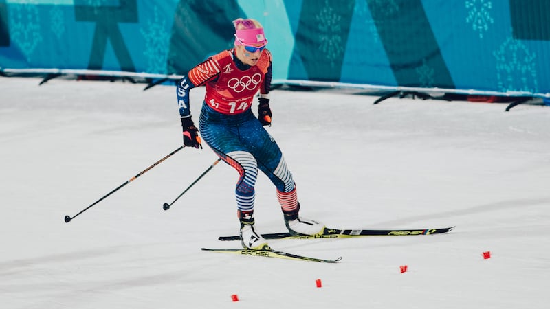 Kikkan Randall in the cross-country team sprint in the 2018 Olympic Winter Games in...