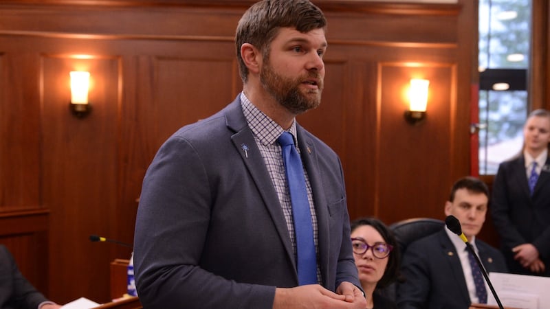 Sen. Jesse Bjorkman, R-Nikiski, speaks Wednesday, April 23, 2025, on the floor of the Alaska...