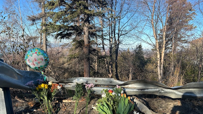 A memorial with flowers and balloons has been left at the site of a deadly crash that left an...