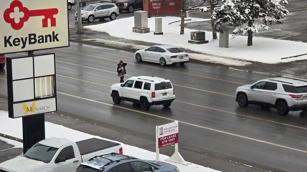 Jaywalking as seen from office window in midtown Anchorage