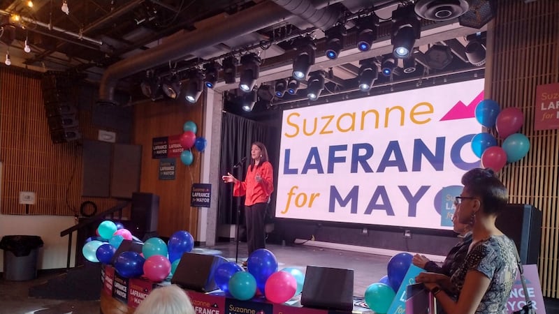 Candidate Suzanne LaFrance takes the stage at an election night event on May 14, 2024.