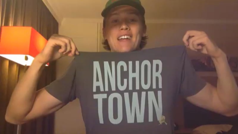 Anchorage Olympian Luke Jager shows off his hometown pride while in Switzerland ahead of the...