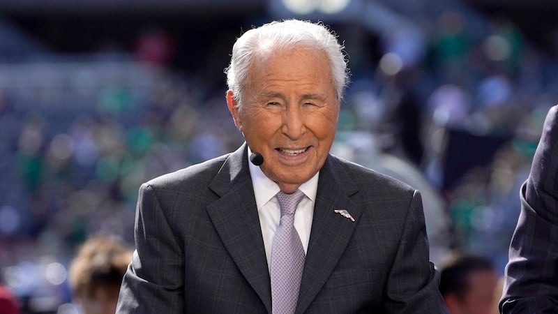 Lee Corso speaks on the set of ESPN's College Game Day before an NCAA college football game...