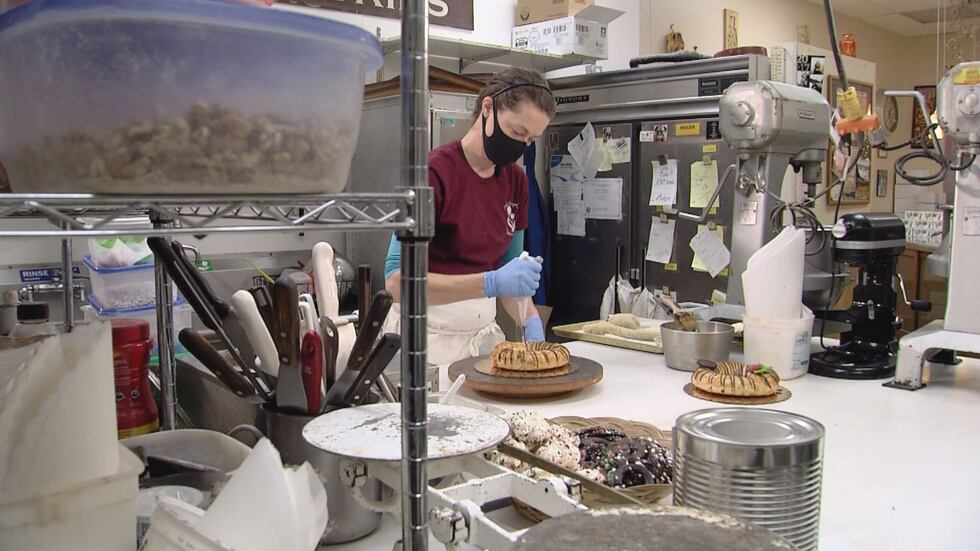 Frieda Koper of the Flying Dutchman making Yule Krans, traditional Dutch Christmas puff pastry.