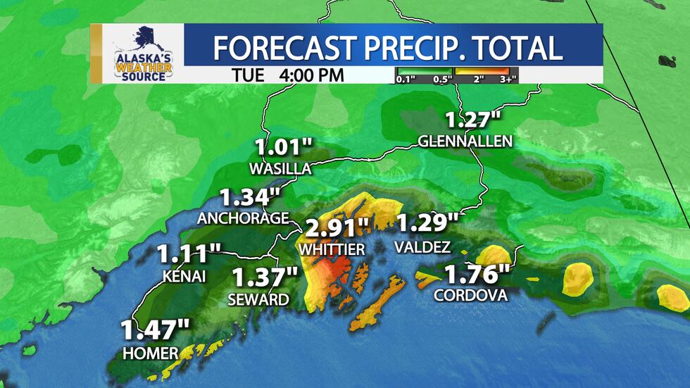 First significant snow expected across Southcentral Monday - Tuesday.