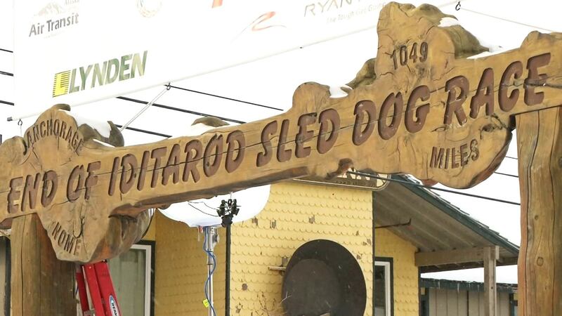 The fame Burled Arch stands at the finish line of the Iditarod Trail Sled Dog Race in Nome,...