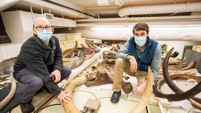 Dr. Matthew Woller (left) and Dr. Patrick Druckenmiller (right) kneeling next to the 17,000...