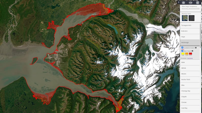 This is an interactive map from the Alaska Earthquake Center, showing the tsuanmi inundation...