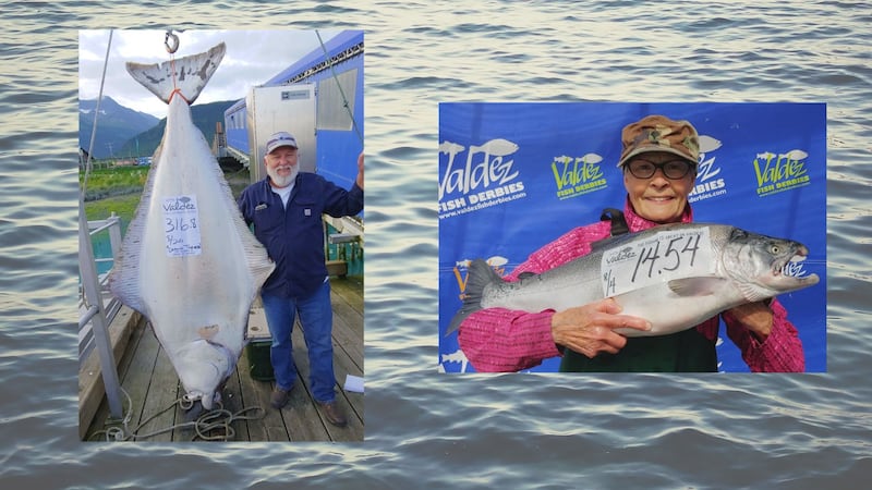 Paul Casey (right) hauled in a 316.8 pound halibut while LaVonne Baysinger (right) reeled in a...