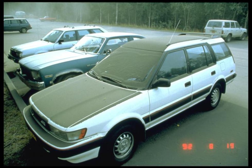 Ash on cars outside of the Alaska Volcano Observatory, Aug. 1992