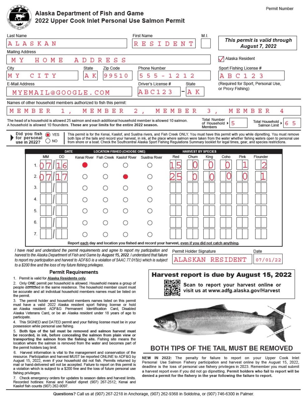 Upper Cook Inlet personal Use Salmon Permit example provided by Fish & Game.