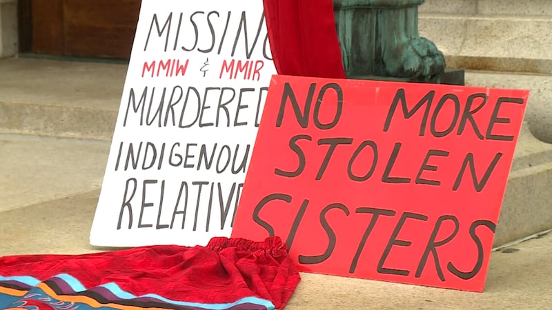 Signs protesting the plight of missing and murdered Indigenous people cases across the continent.